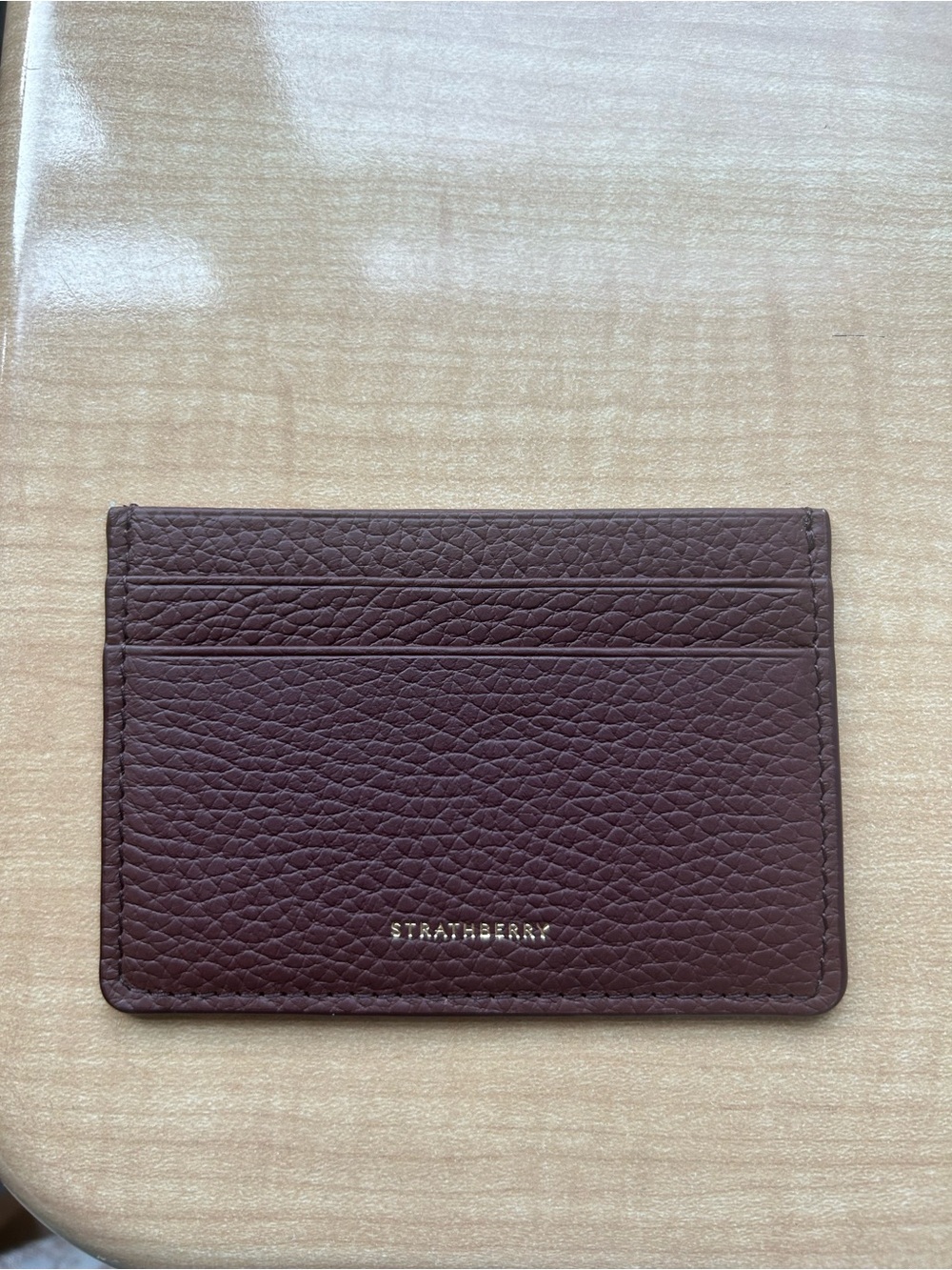Strathberry Brown Pebbled Leather Card Sleeve with Gold Logo